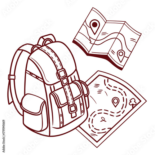 Backpack and maps for travel and adventure