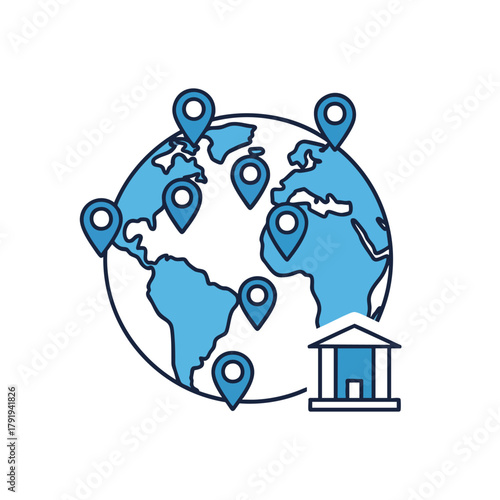 Stylized blue Earth globe with multiple location pins and a classical building icon representing a global network.