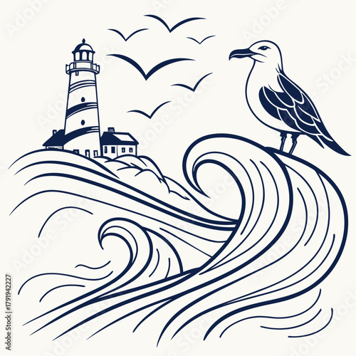 Seagull perched on a wave with a lighthouse
