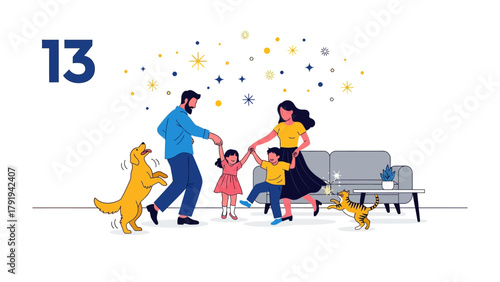 Family Fun and Festive Flair: A vibrant illustration showcases a family's joyous dance in their living space, accompanied by playful pets and twinkling lights. The scene evokes feelings of love.