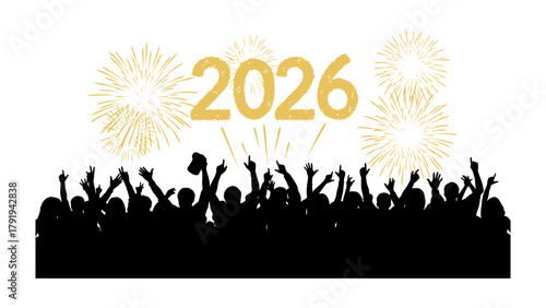Fireworks and Revelry in 2026: A silhouette of a crowd joyously celebrates, silhouetted against a brilliant display of fireworks above the year 2026, marking a moment of anticipation.