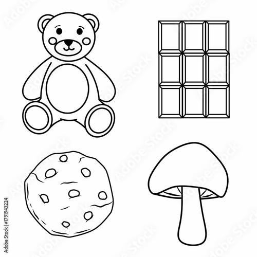 Black and white coloring page set of brown color items — teddy bear, cookie, chocolate, and mushroom. Great for preschoolers learning colors through fun coloring activities.