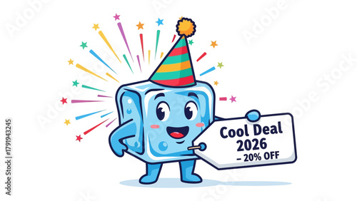 Cool Deal Character Mascot: An adorable cartoon ice cube character celebrates a special offer, holding a promotional sign with a cool deal discount, radiating joy and festive spirit.