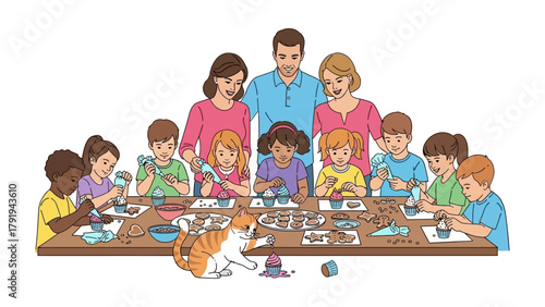 Sweet Family Moments: A family shares a joyous experience creating decorated cupcakes together, filled with delight and togetherness.