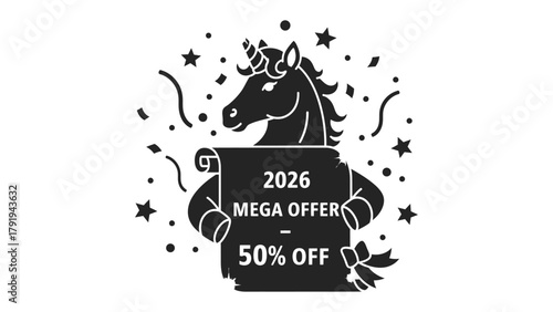 Magical Unicorn Offer : A captivating illustration of a unicorn displaying a promotional scroll, highlighting a mega offer with a significant discount, perfect for sales and promotions.