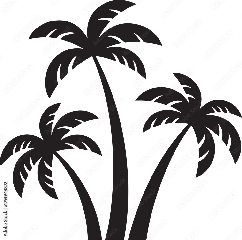 Obraz premium Three palm tree vector silhouettes representing tropical vacation and island paradise isolated on white background