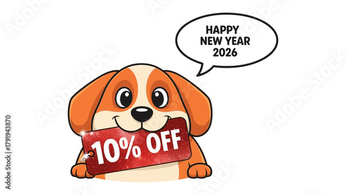 Puppy Happy New Year: A cute puppy holding a discount tag, with a thought bubble expressing New Year wishes, and a generous discount offer.