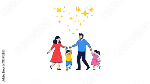 Family's Joyful Journey: A loving family strolls hand-in-hand, under a cascade of twinkling stars, symbolizing unity, love, and the magic of togetherness. 