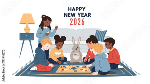 New Year Board Game: A festive scene unfolds as diverse children gather, engrossed in a board game, surrounded by a cuddly rabbit plushie, all under the Happy New Year 2026 banner.