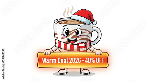 Warm Deal Delight: A festive cocoa mug, adorned with a Santa hat and scarf, enthusiastically announces a 'Warm Deal' offer, promising a 40% discount.