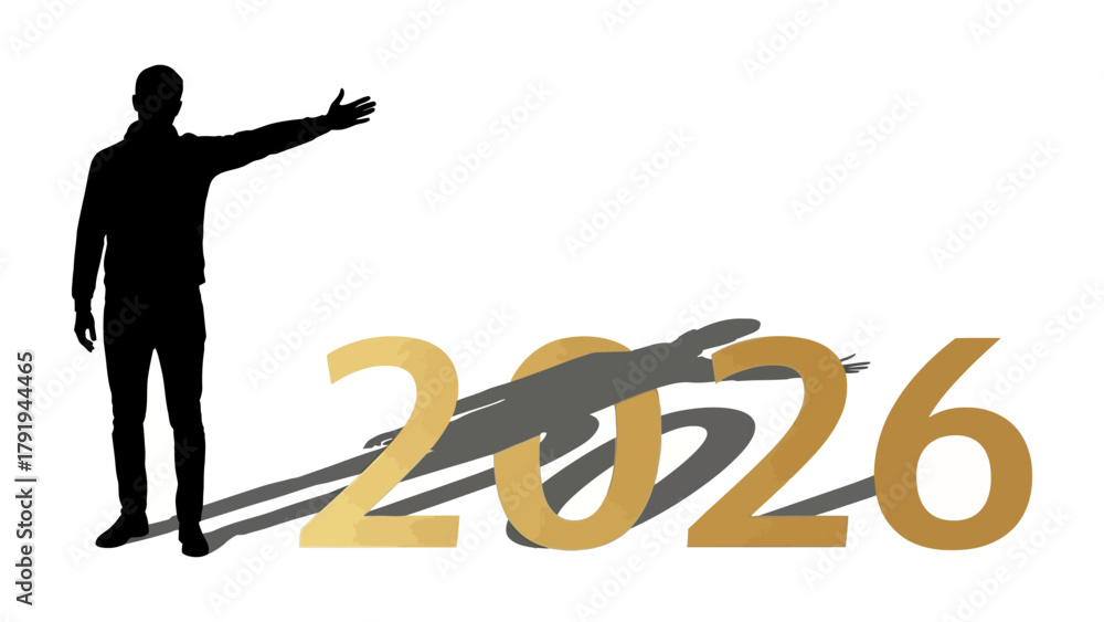 Fototapeta premium Forward Vision: A silhouette of a person gesturing towards the year 2026, creating a bold statement about future prospects and visionary planning.