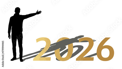 Forward Vision: A silhouette of a person gesturing towards the year 2026, creating a bold statement about future prospects and visionary planning.