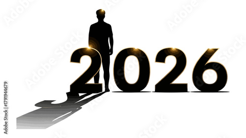 Future Silhouette: The silhouette of a man stands confidently beside the illuminated year 2026, creating an atmosphere of anticipation and forward-thinking