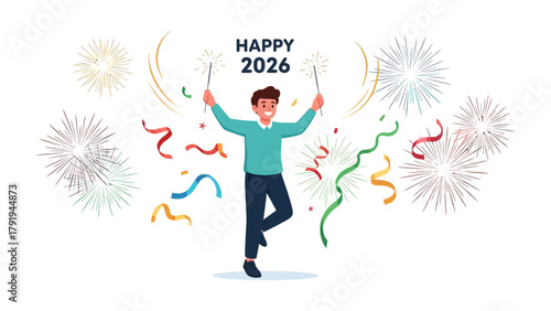 New Year Spark: A cheerful figure celebrates the dawn of 2026, holding sparklers amidst a colorful display of fireworks and confetti, symbolizing the joy and anticipation of new beginnings.