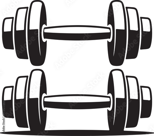 Two dark grey dumbbells vector illustration representing fitness exercise gym equipment for strength training and healthy lifestyle