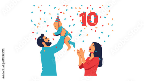 Celebration of Parenthood: A heartwarming illustration captures a joyful family moment as they celebrate their child's milestone, filled with happiness and love