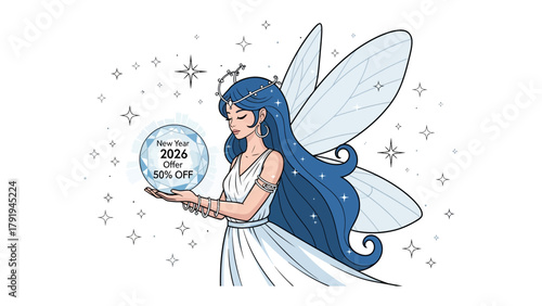 Celestial Offer: An ethereal fairy gracefully presents a luminous orb containing a special offer. Capturing the magical essence of a New Year's promotion. 