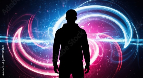 Silhouette figure stand before swirling neon color and abstract digital light