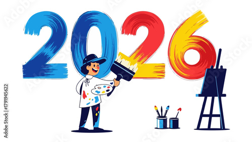 Artistic Vision for the Future: A cheerful figure paints the year 2026 with a large brush, symbolizing creativity, planning and optimism for the new year.