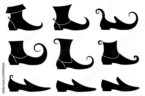 Collection of black silhouette fantasy elf shoes and boots with curled pointed toes