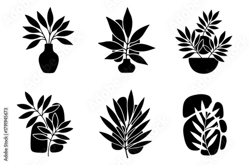 Collection of six black houseplant silhouettes in pots and vases with abstract shapes