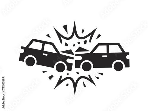 Two cars in silhouette collide with an explosive burst graphic.