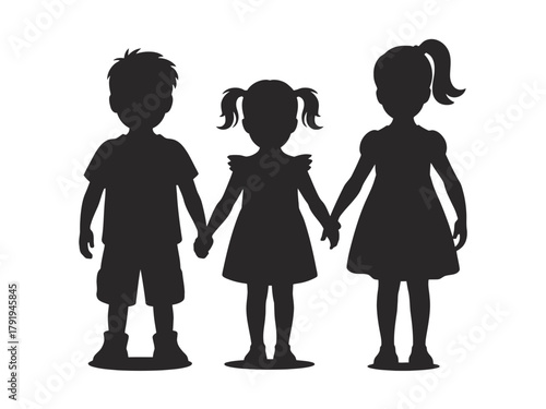 Three children hold hands in silhouette against a white background, representing unity.