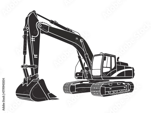 A black and white illustration of an excavator on a white background.