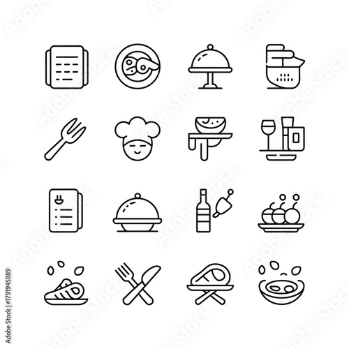 Set of restaurant and food icons in a clean outline style