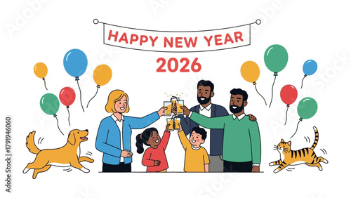 New Year's toast: Family and friends clink glasses in a cheerful toast, surrounded by festive balloons and playful animal companions, ushering in the hope of the new year, 2026.