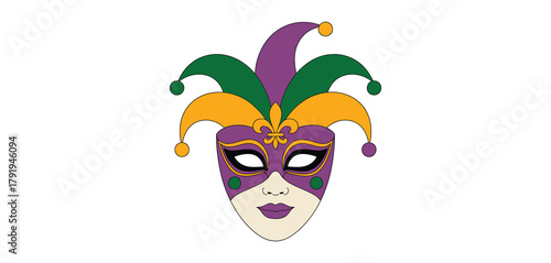 Mardi gras jester mask with purple green and gold colors