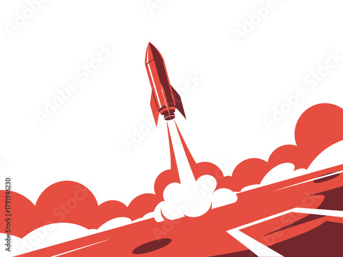 A red rocket blasts off into the sky from a launchpad.
