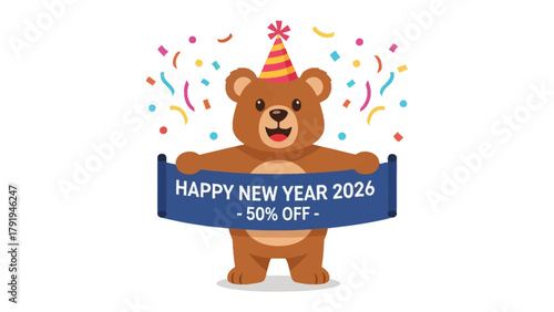 Festive Bear with New Year Banner: A cheerful cartoon bear stands, joyfully holding a banner celebrating the New Year with a special offer, adorned with festive decorations.