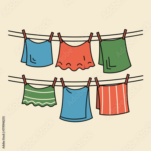 Colorful tank tops drying on a clothesline