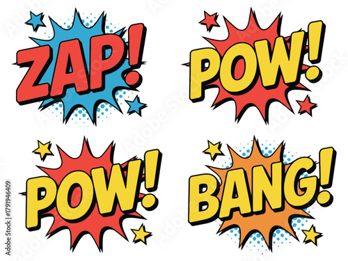 Comic book sound effects like Zap, Pow, and Bang pop with color.