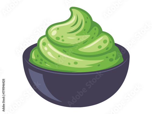 A dollop of green paste sits in a dark bowl, ready to be eaten.