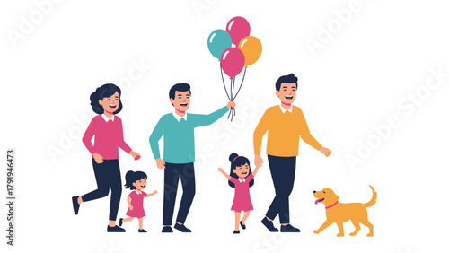 Family Walk with Balloons: A family strolls together, cherishing their bond on a vibrant day, with a cheerful dog trotting alongside them. The image encapsulates togetherness.