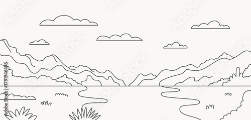 Minimalist line drawing of a mountain landscape with a river and clouds