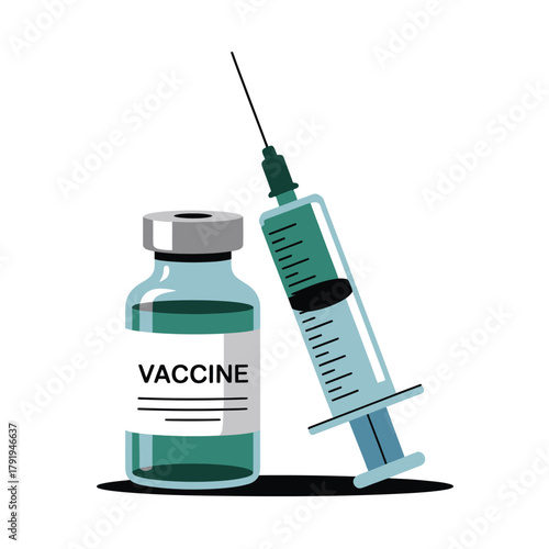 Medical syringe and vaccine vial with blue liquid and white label