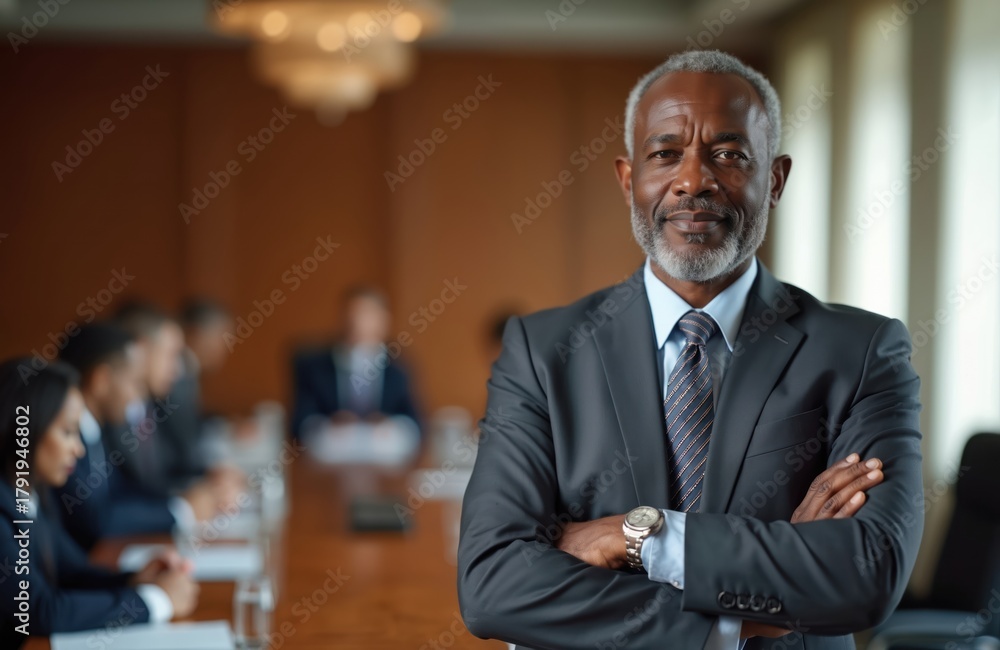 Fototapeta premium Mature African American man stands confidently in boardroom. He wears a dark suit and tie, arms crossed. Colleagues meet blurred in background. Pro leader focused on success.
