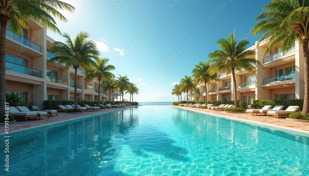 Fototapeta premium Luxurious infinity pool hotel complex with palm trees and ocean view. White sunbeds arranged by calm blue water invite guests for relaxation on summer vacation.