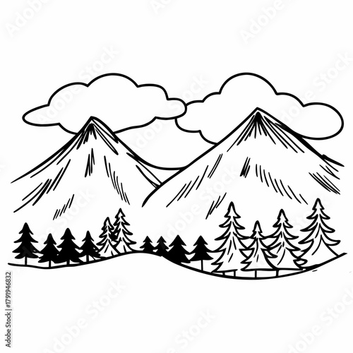 Mountain range with pine trees and clouds