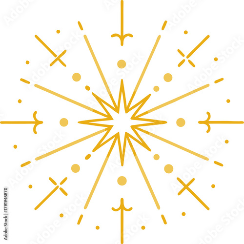 Thin line star fireworks vector design on white background, elegant glowing golden sparkles arranged symmetrically, minimal festive decoration.