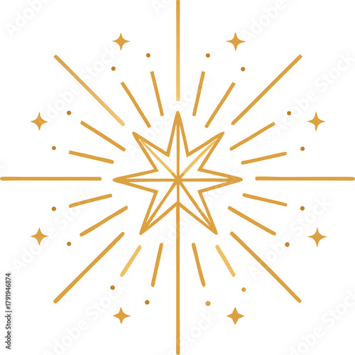 Thin line star fireworks vector design on white background, elegant glowing golden sparkles arranged symmetrically, minimal festive decoration.