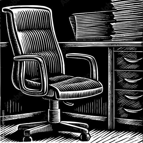 Office chair and desk with document stack