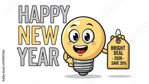 Happy New Year Bright Deal: A cartoon light bulb emoji with a happy face, offering a Bright Deal - 2026 - Save 20% tag, embodies the spirit of a fresh beginning and excitement for the year ahead.