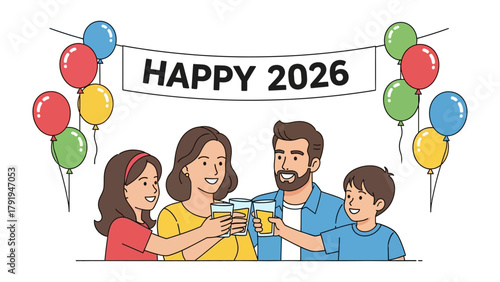 New Year Cheer 2026: A Family toast to a new year, symbolized by colorful balloons and celebratory drinks, radiating joy and togetherness.