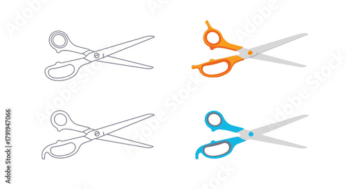 Four variations of scissors in different colors and styles are displayed