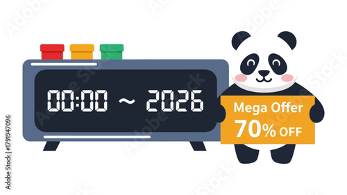 Panda's Promotional Countdown: A charming panda mascot holds a sign advertising a mega offer with 70% off, accompanied by a digital clock counting down to 2026.