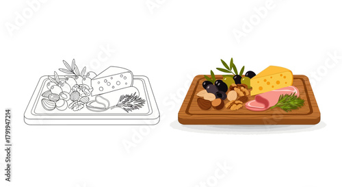 A detailed illustration showcasing a cheese and charcuterie board with color and outline